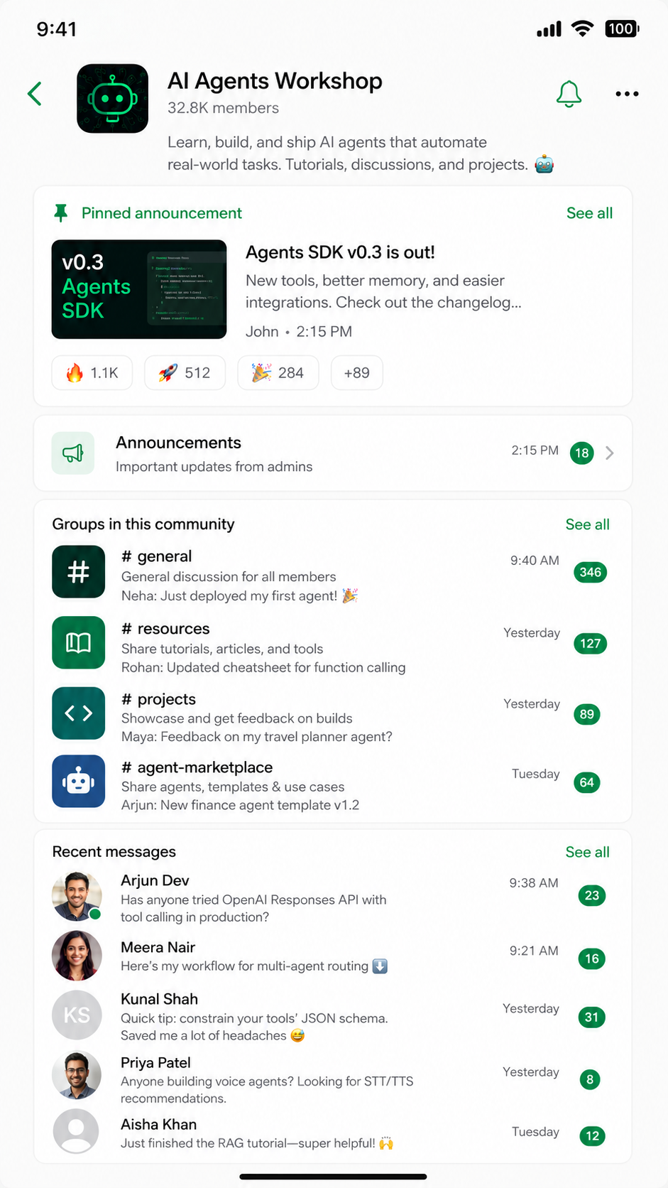 WhatsApp community home showing pinned announcement and topic groups