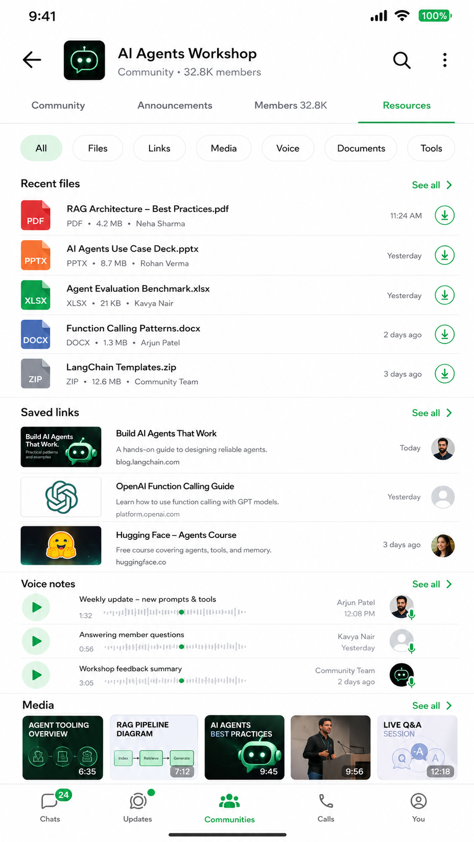 WhatsApp resources tab with files, saved links, voice notes and media