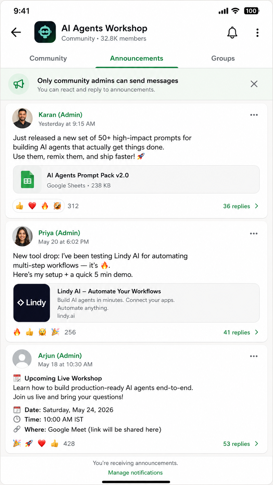 WhatsApp announcements tab with prompt packs, tool drops and workshop details