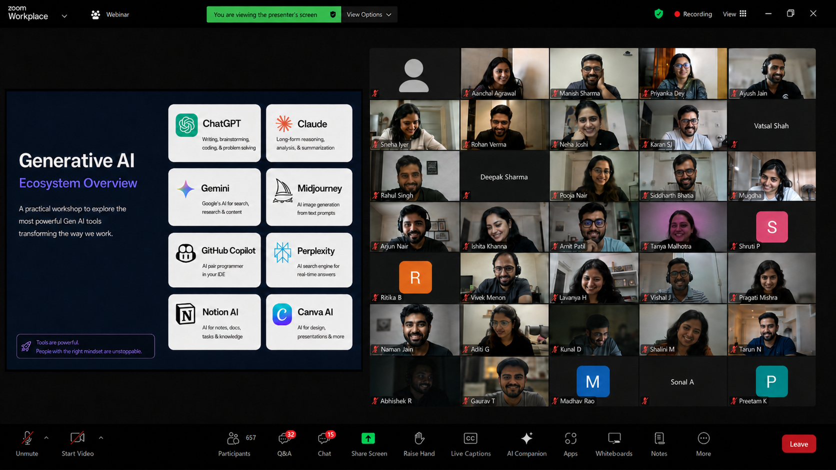 A live webinar session with hundreds of attendees on screen, covering ChatGPT, Claude, Gemini, Midjourney, Copilot, Perplexity, Notion AI and Canva AI